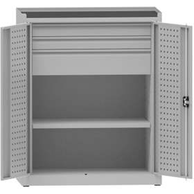 Werkstattschrank mit Lochplatten, 1 Fachboden, 3 Schubladen, HxBxT: 1170x950x500 mm, Lichtgrau RAL7035
