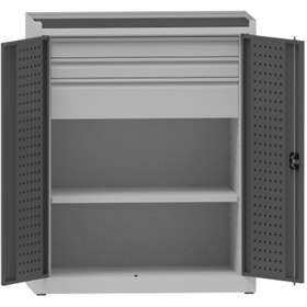 Werkstattschrank mit Lochplatten, 1 Fachboden, 3 Schubladen, HxBxT: 1170x950x500 mm, Lichtgrau RAL7035/Anthrazit RAL7016