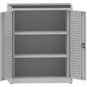 Dílenská skříň na nářadí, v x š x h: 1170x950x500 mm, perforované panely, 2 x police, barva šedá RAL7035