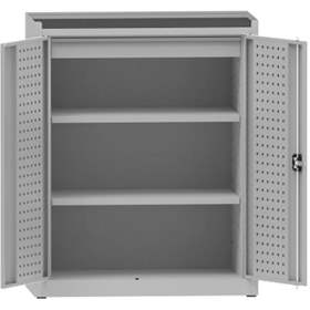 Dílenská skříň na nářadí, v x š x h: 1170x950x500 mm, perforované panely, 2 x police, 1 x zásuvka, barva šedá RAL7035 / šedá RAL7035