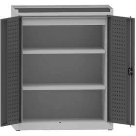 Dílenská skříň na nářadí, v x š x h: 1170x950x500 mm, perforované panely, 2 x police, 1 x zásuvka, barva šedá RAL7035 / antracit RAL7016