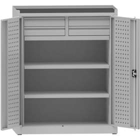 Dílenská skříň na nářadí, v x š x h: 1170x950x500 mm, perforované panely, 2 x police, 4 x zásuvka, barva šedá RAL7035 / šedá RAL7035