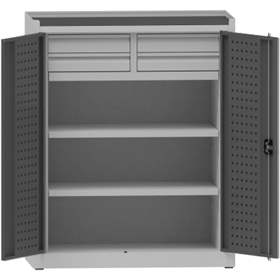 Dílenská skříň na nářadí, v x š x h: 1170x950x500 mm, perforované panely, 2 x police, 4 x zásuvka, barva šedá RAL7035 / antracit RAL7016