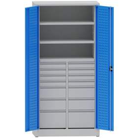 Dílenská skříň na nářadí, v x š x h: 1950x950x500 mm, perforované panely, 2 x police, 14 x zásuvka, barva šedá RAL7035 / modrá RAL5012