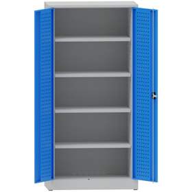 Dílenská skříň na nářadí, v x š x h: 1950x950x500 mm, perforované panely, 4 x police, barva šedá RAL7035 / modrá RAL5012