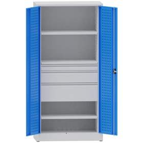 Werkstattschrank mit Lochplatten, 2 Fachböden, 3 Schubladen, HxBxT: 1950x950x500 mm, Lichtgrau RAL7035/Lichtblau RAL5012