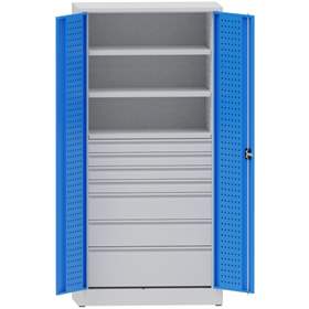 Werkstattschrank mit Lochplatten, 2 Fachböden, 7 Schubladen, HxBxT: 1950x950x500 mm, Lichtgrau RAL7035/Lichtblau RAL5012