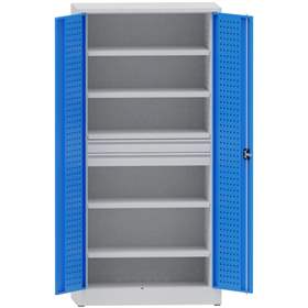 Dílenská skříň na nářadí, v x š x h: 1950x950x500 mm, perforované panely, 4 x police, 2 x zásuvka, barva šedá RAL7035 / modrá RAL5012