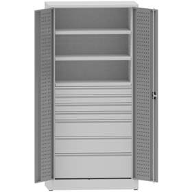Werkstattschrank mit Lochplatten, 2 Fachböden, 7 Schubladen, HxBxT: 1950x950x500 mm, Lichtgrau RAL7035