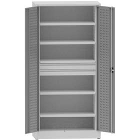 Dílenská skříň na nářadí, v x š x h: 1950x950x500 mm, perforované panely, 4 x police, 2 x zásuvka, barva šedá RAL7035 / šedá RAL7035
