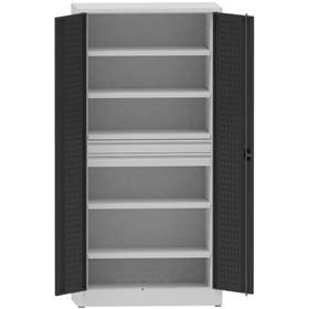 Dílenská skříň na nářadí, v x š x h: 1950x950x500 mm, perforované panely, 4 x police, 2 x zásuvka, barva šedá RAL7035/antracit RAL7016