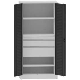 Werkstattschrank mit Lochplatten, 2 Fachböden, 3 Schubladen, HxBxT: 1950x950x500 mm, Lichtgrau RAL7035/Anthracit RAL7016
