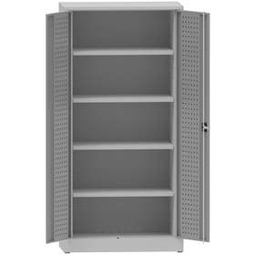 Dílenská skříň na nářadí, v x š x h: 1950x950x500 mm, perforované panely, 4 x police, barva šedá RAL7035 / šedá RAL7035