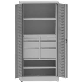 Werkstattschrank mit Lochplatten, 2 Fachböden, 6 Schubladen, HxBxT: 1950x950x500 mm, Lichtgrau RAL7035