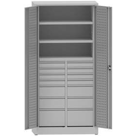 Dulap atelier pentru scule, HxLxl: 1950x950x500 mm, cu placă perforată, 2 polițe, 14 sertare, gri RAL7035