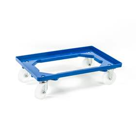 Transportroller 600 x 400 mm, offen, 2 Lenk- und 2 Bockrollen mit Kunstoffräder, Farbe blau.