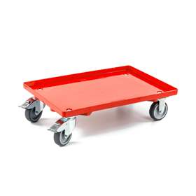Transportroller 600 x 400 mm, geschlossen, 4 Lenkrollen mit Gummirädern (2 mit Bremse), Farbe rot
