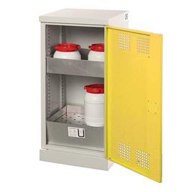 Skříň pro chemikálie, jednodvéřová, spodní záchytná vana + 1 vanová police, š x h x v: 500x500x1000 mm, dveře žluté RAL1023