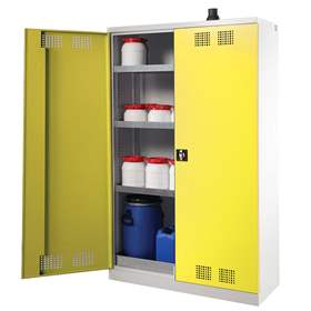 Chemikalien-Schrank, zweitürig, Bodenauffangwanne + 3 Wannenböden, BxTxH: 950x500x1950 mm, Türfarbe gelb RAL1023