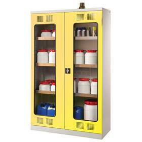 Chemikalien-Schrank mit Glastür, Bodenauffangwanne + 3 Wannenböden, BxTxH: 950x500x1950 mm, Türfarbe gelb  RAL1023