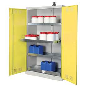 Chemikalien-Schrank, Bodenauffangwanne + 3 ausziehbare Wannenböden, BxTxH: 1200x500x1950 mm, Türfarbe bgelb RAL1023