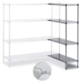 Zásuvný regál z ušlechtilé oceli, 4 police hladké nerezové, v x š x h: 1800x1000x400 mm, rohový pravý