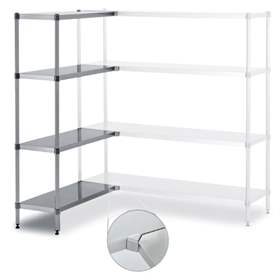 Zásuvný regál z ušlechtilé oceli, 4 police hladké nerezové, v x š x h: 1800x1000x400 mm, rohový levý