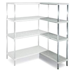 Edelstahl-Steckregal, 4 gelochte PP-Fachböden, H x B x T: 1800x1000x400 mm, Eck-Anbauregal Rechts