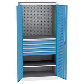 Dílenská skříň na nářadí, v x š x h: 1950 x 950 x 600 mm, perforované panely, 2 x police, 4 x zásuvka, barva šedá RAL7035 / modrá RAL5012