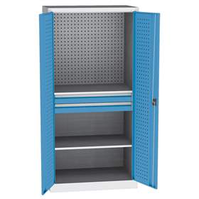 Dílenská skříň na nářadí, v x š x h: 1950 x 950 x 600 mm, perforované panely, 2 x police, 2 x zásuvka, barva šedá RAL7035 / modrá RAL5012
