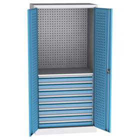 Dílenská skříň na nářadí, v x š x h: 1950 x 950 x 600 mm, perforované panely, 1 x police, 8 x zásuvka, barva šedá RAL7035 / modrá RAL5012