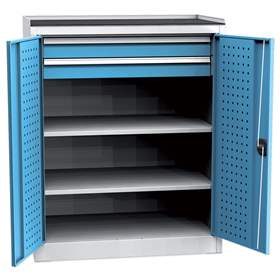 Dílenská skříň na nářadí, v x š x h: 1180 x 950 x 600 mm, perforované panely, 2 x police, 2 x zásuvka, barva šedá RAL7035 / modrá RAL5012
