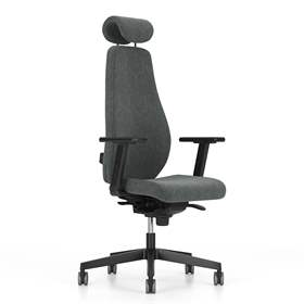 Bürodrehstuhl BJARG mit Kopfstütze, hohe Rückenlehne, Synchronmechanik, Stoffbezug RIVET, Farbe Dunkelgrau