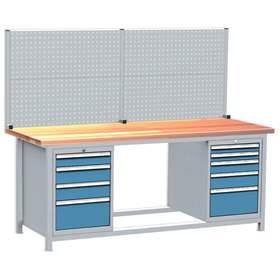 Professionelle Werkbank, 9 Schubladen, 1 Lochwand für Werkzeuge, Buchen-Arbeitsplatte, 2000x750 mm