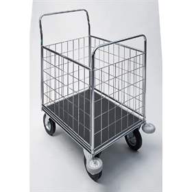 Chromovaný manipulační vozík s drátěnými bočnicemi, v x d x š: 1150 x 760 x 1000 mm.