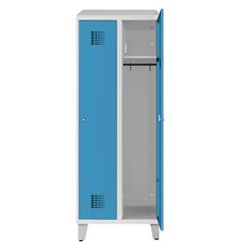 Garderobenschrank zur Aufladung von elektronischen Geräten, 2 x 300 mm, Fuß-Gestell, Türfarbe Blau RAL5012