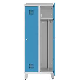 Garderobenschrank zur Aufladung von elektronischen Geräten, 2 x 400 mm, Fuß-Gestell, Türfarbe Blau RAL5012
