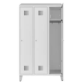 Garderobenschrank zur Aufladung von elektronischen Geräten, 3 x 300 mm, 230V SCHUKO, Fuß-Gestell, Türfarbe Grau RAL7035