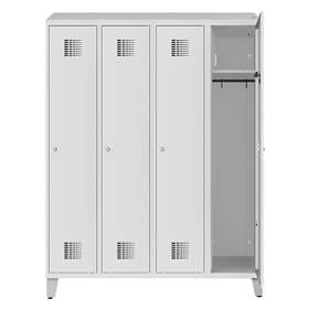 Garderobenschrank zur Aufladung von elektronischen Geräten, 4 x 300 mm, 230V SCHUKO, Fuß-Gestell, Türfarbe Grau RAL7035