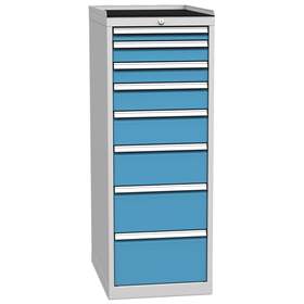 Schubladenschrank für Werkstatt, 8 x Schubladen, HxBxT: 1350 x 500 x 700 mm, Farbe grau RAL7035/ blau RAL5012