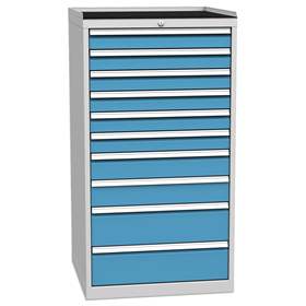 Schubladenschrank für Werkstatt, 10 x Schubladen, HxBxT: 1350 x 720 x 700 mm, Farbe grau RAL7035/ blau RAL5012