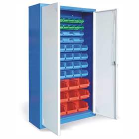 Schrank mit TechBox-Hängeboxen, Korpus blau RAL5005, Tür grau RAL7035, H x B x T: 1800 x 1000 x 390 mm