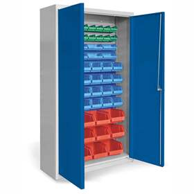 Schrank mit TechBox-Hängeboxen, Korpus grau RAL7035, Tür blau RAL5005, H x B x T: 1800 x 1000 x 390 mm