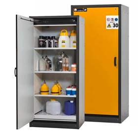Bezpečnostní skříň na chemikálie 30 min., 3 police + vana, š. 864 mm, dveře žluté