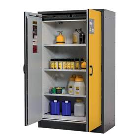 Bezpečnostní skříň na chemikálie 30 min., 3 police + vana, š. 1164 mm, dveře žluté