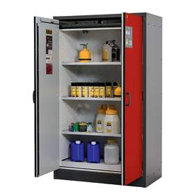 Bezpečnostní skříň na chemikálie 30 min., 3 police + vana, š. 1164 mm, dveře červené