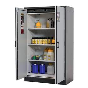 Bezpečnostní skříň na chemikálie 30 min., 3 police + vana, š. 1164 mm, dveře šedé