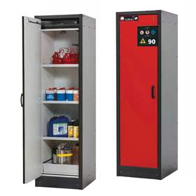 Bezpečnostní skříň na chemikálie 90 min., 3 police + vana, š. 600 mm, dveře červené