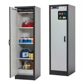 Bezpečnostní skříň na chemikálie 90 min., 3 police + vana, š. 600 mm, TSA dveře šedé