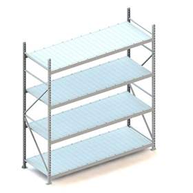 Regál zásuvný MINI-RACK, V: 2500 mm, 4 police 2200 x 800 mm z plechových panelů, nosnost 600 kg, základní